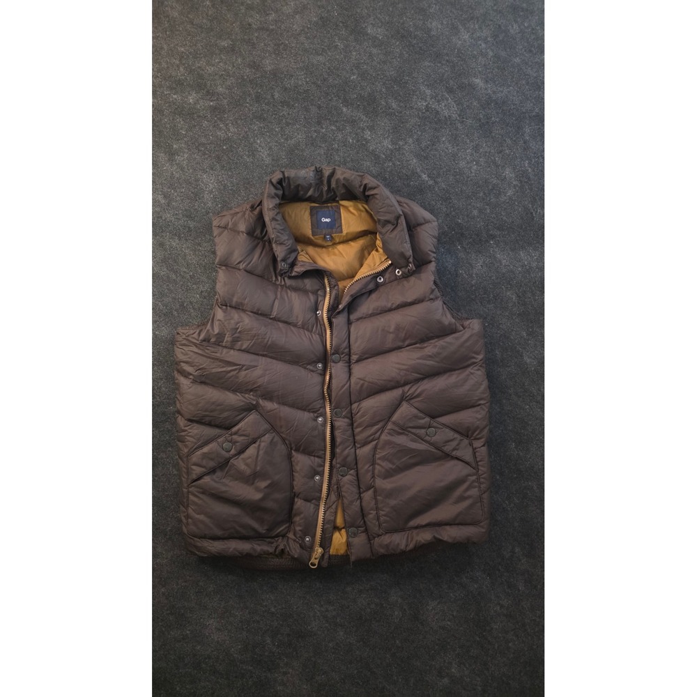 Gap Mens Puffer Vest Brown Chevron Quilted Zip Front Snap Pockets Small